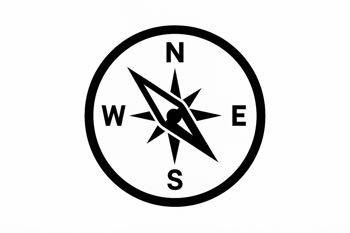 a black compass icon on a solid white background